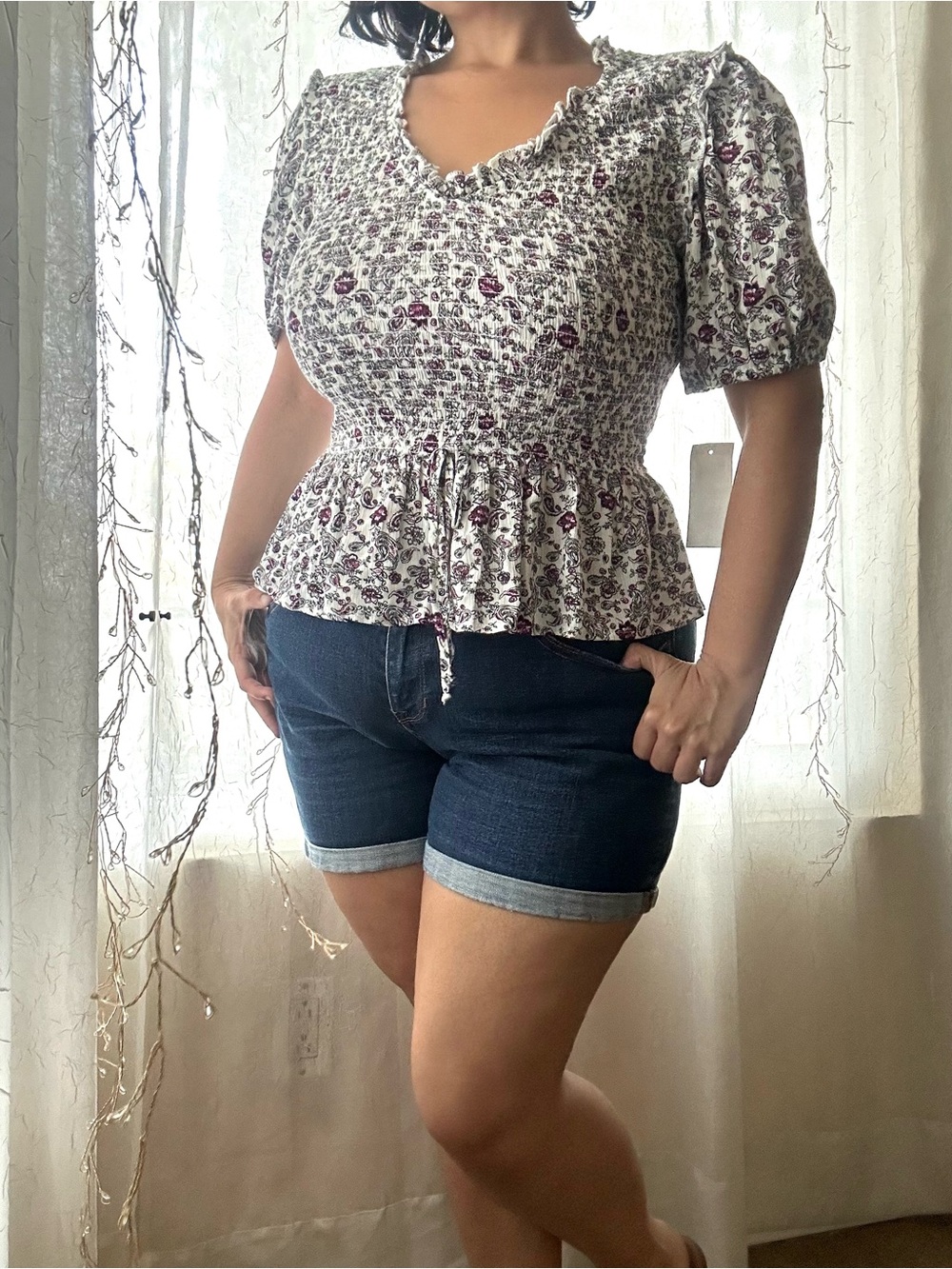 Floral Smocked Peplum Top - White with Purple Floral